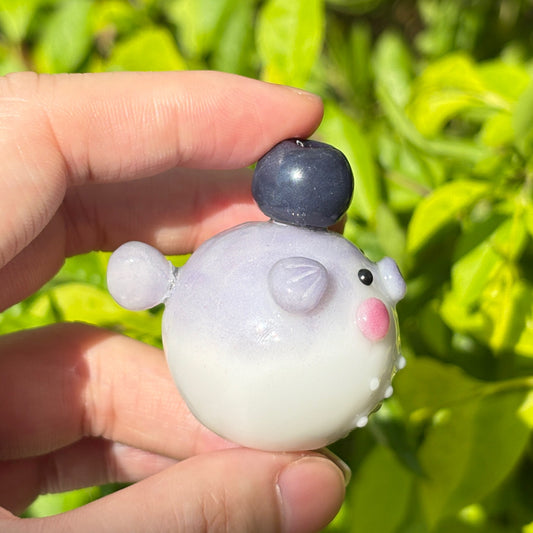 Purple Pufferfish Desk Friend with Blueberry | Handmade Polymer Clay Desk Decor | Cute Desk Buddy