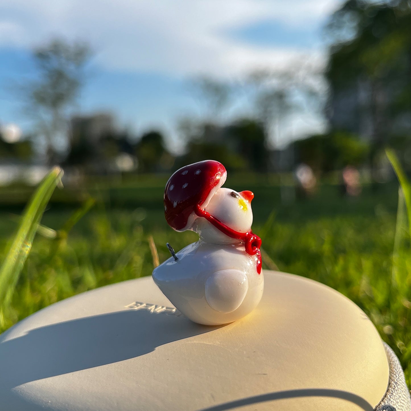 Handmade Clay Duck Keychain with Red Mushroom Hat & Bow | Kawaii Bag Charm