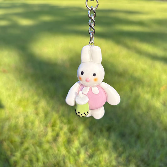 Cute Bunny Clay Keychain with Matcha Bubble Tea