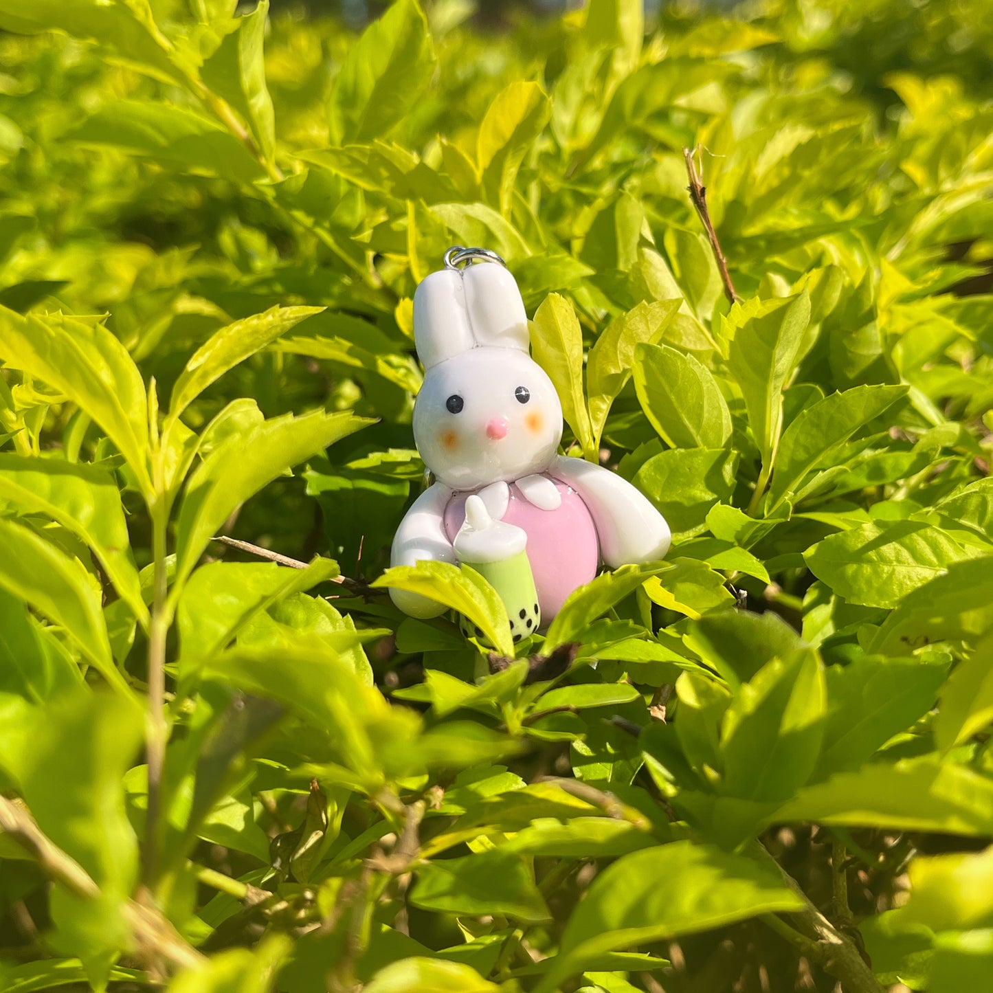 Cute Bunny Clay Keychain with Matcha Bubble Tea