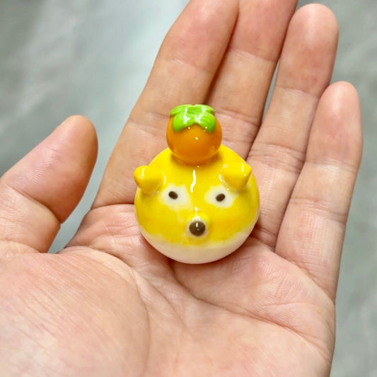 Handmade Shiba Inu Desk Friend with Lucky Persimmon | Kawaii Polymer Clay Desk Buddy