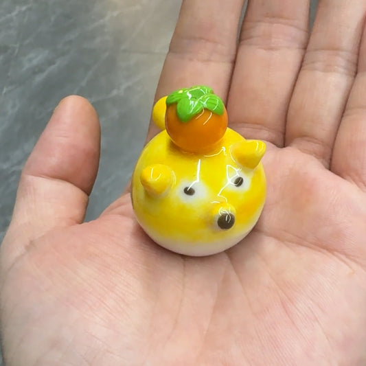 Handmade Shiba Inu Desk Friend with Lucky Persimmon | Kawaii Polymer Clay Desk Buddy