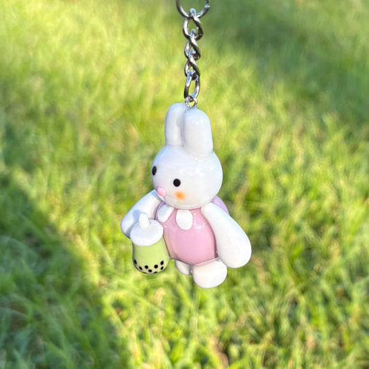 Cute Bunny Clay Keychain with Matcha Bubble Tea