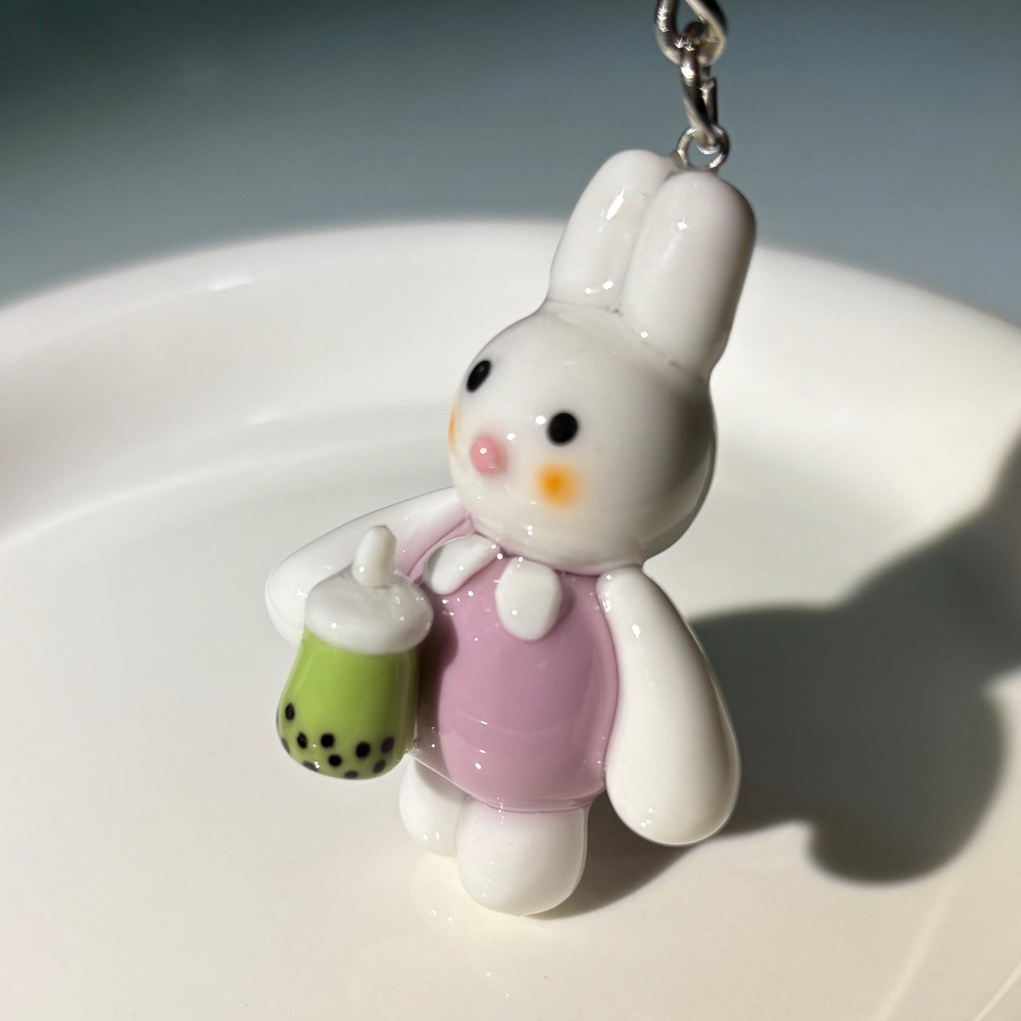 Cute Bunny Clay Keychain with Matcha Bubble Tea