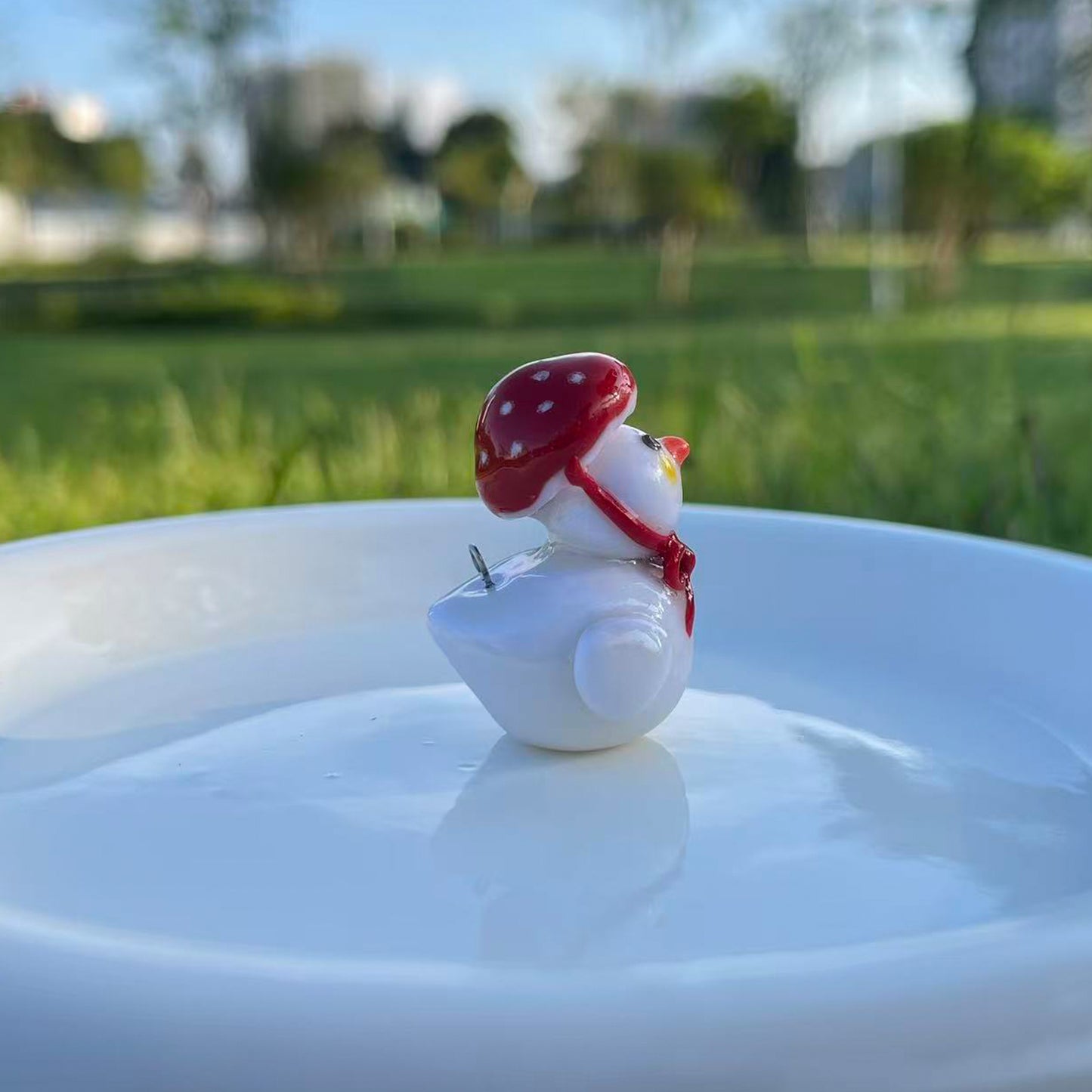 Handmade Clay Duck Keychain with Red Mushroom Hat & Bow | Kawaii Bag Charm