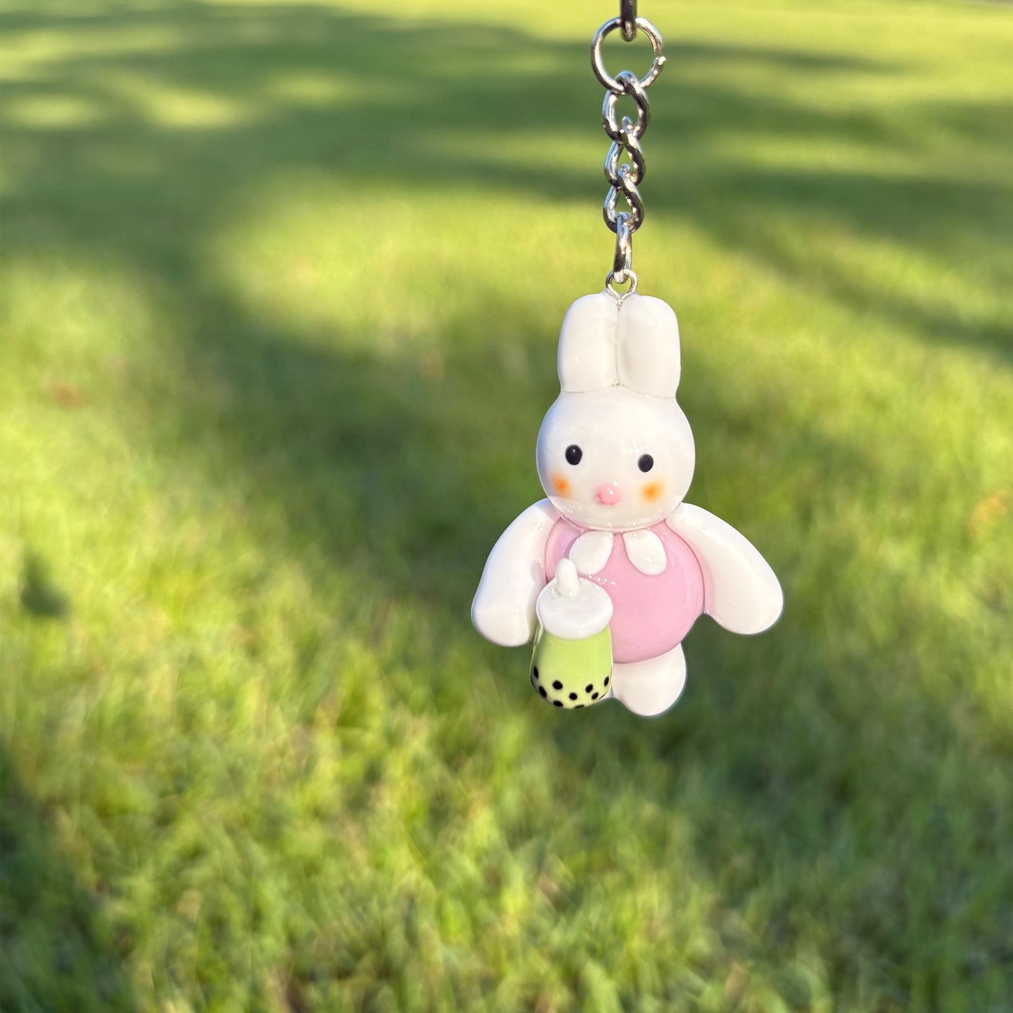 Cute Bunny Clay Keychain with Matcha Bubble Tea