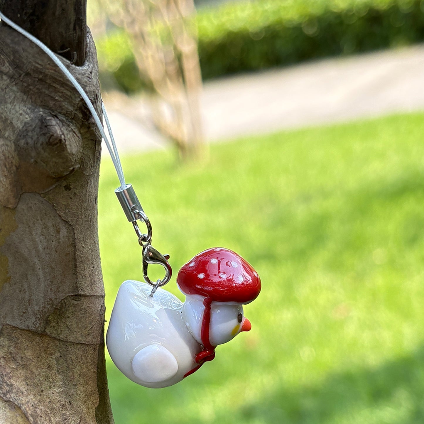Handmade Clay Duck Keychain with Red Mushroom Hat & Bow | Kawaii Bag Charm