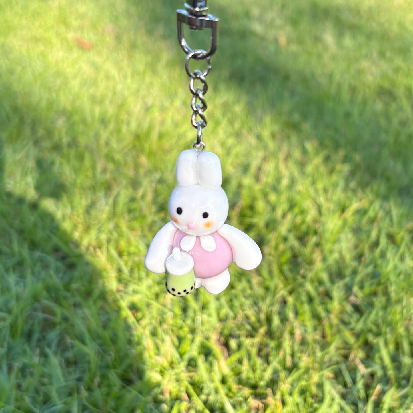 Cute Bunny Clay Keychain with Matcha Bubble Tea