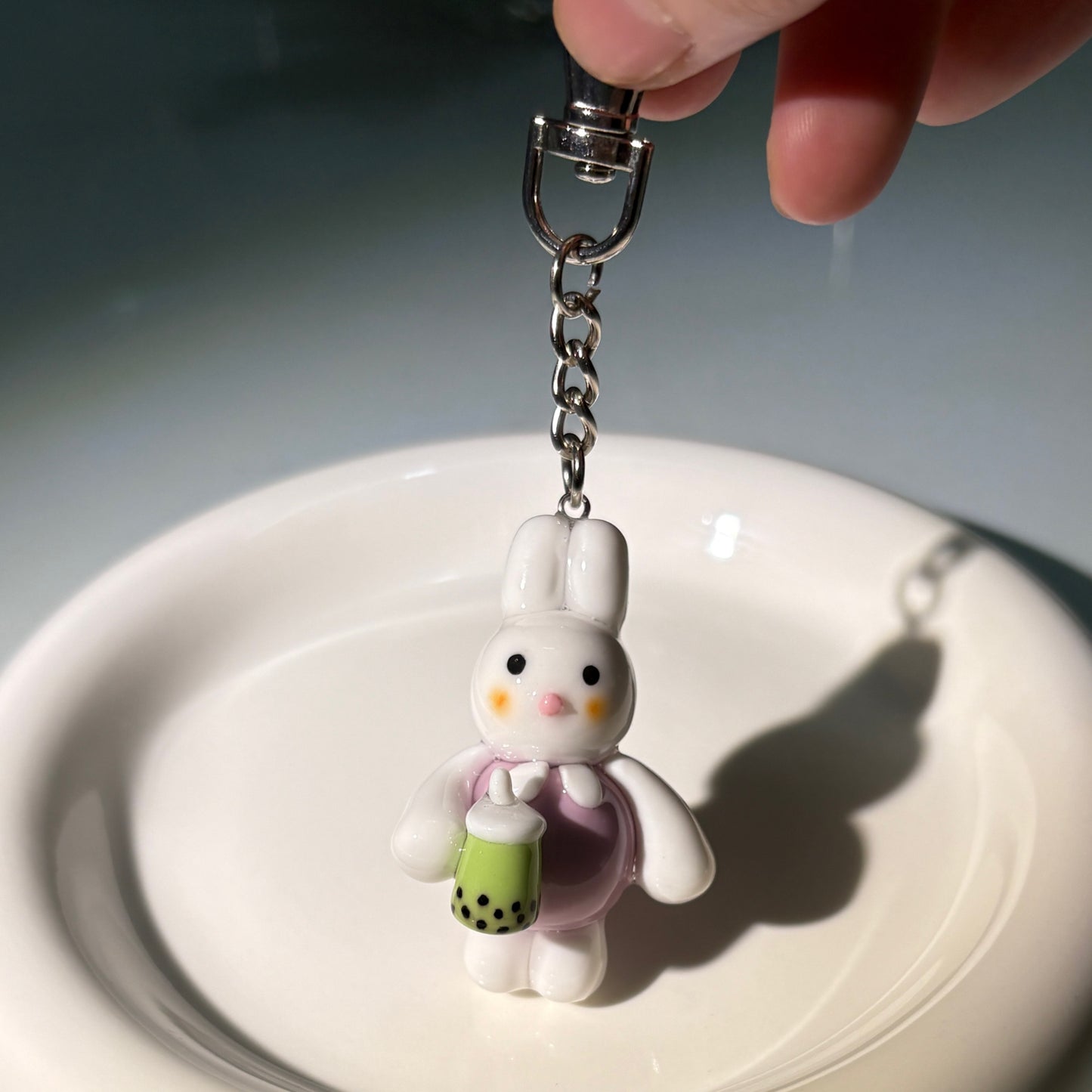 Cute Bunny Clay Keychain with Matcha Bubble Tea