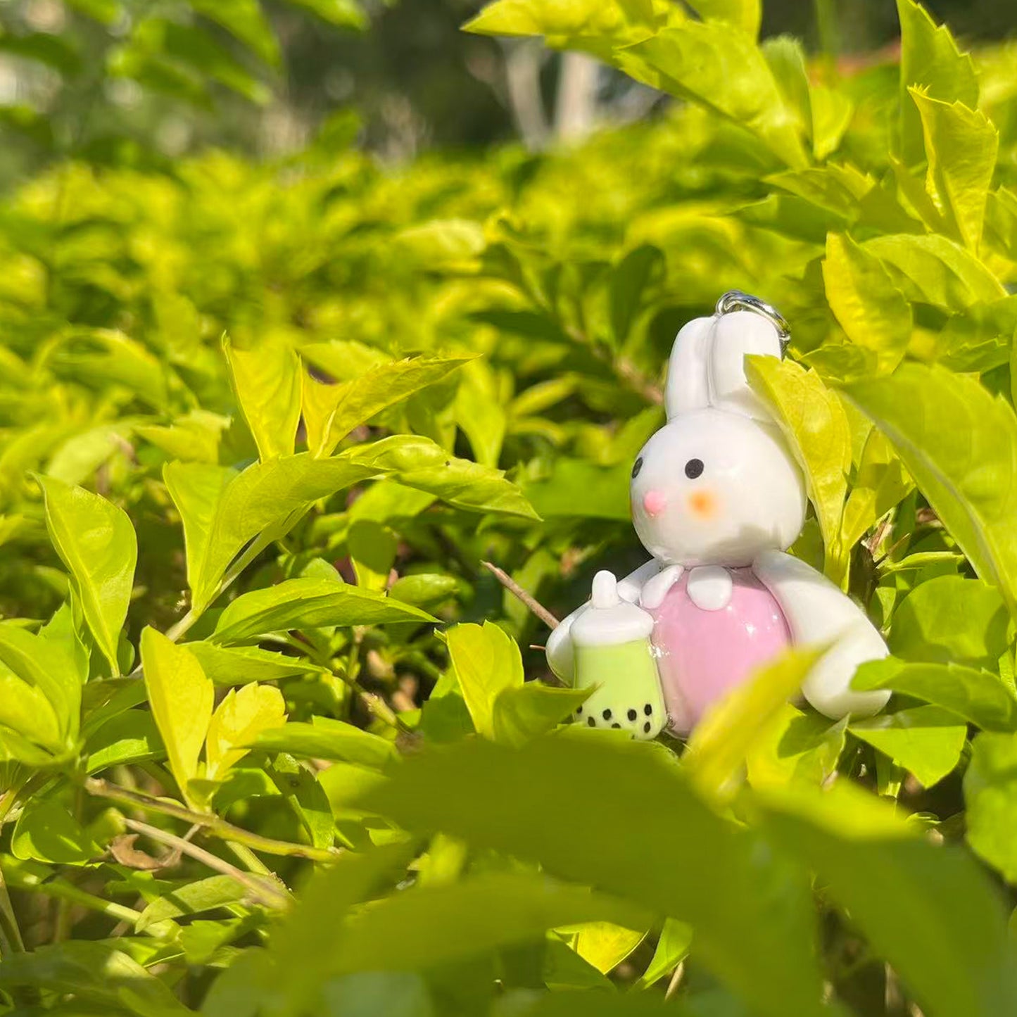 Cute Bunny Clay Keychain with Matcha Bubble Tea