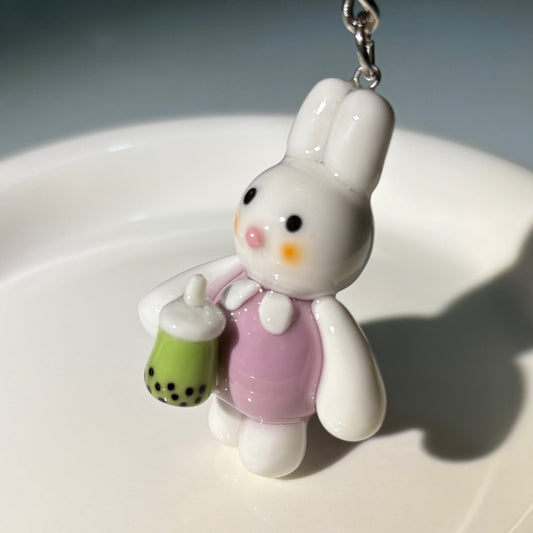 Cute Bunny Clay Keychain with Matcha Bubble Tea