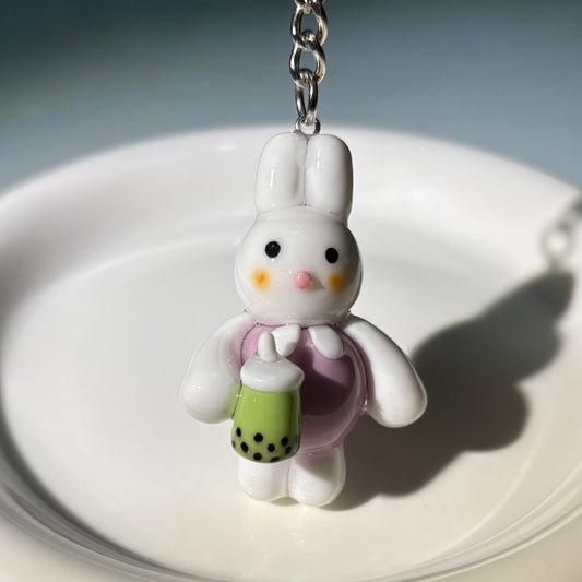 Cute Bunny Clay Keychain with Matcha Bubble Tea